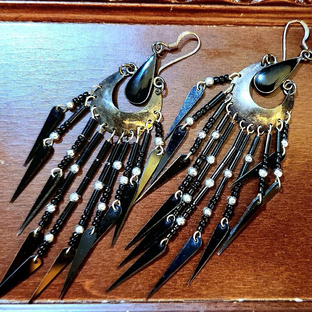 Vintage - Black beaded teardrop dangle earrings